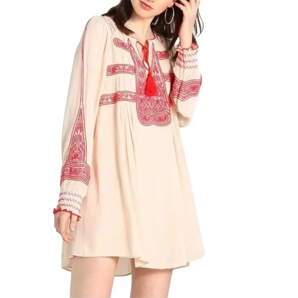 Free People Wind Willow Embroidered Boho Mini Peasant Tassel Indie Dress Size S